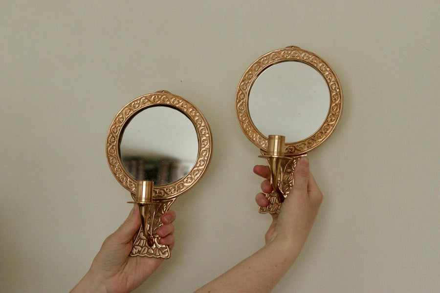 Pair of Mid Century Swedish Brass Sconces with Mirror