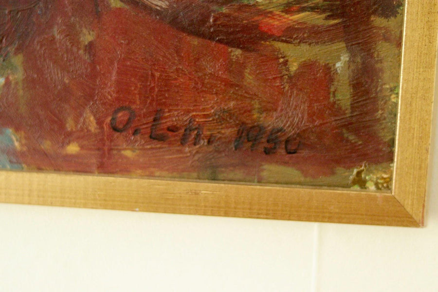 Original Swedish Oil on Panel Painting – Signed “O. Ln”, 1950