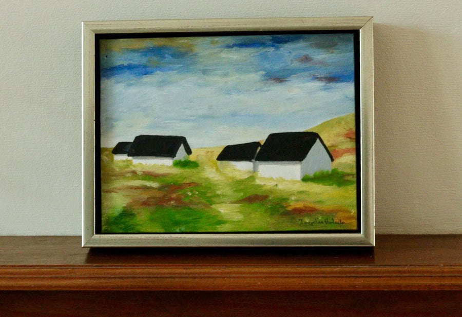 Mid-Century Original Swedish Oil on Panel "Houses"