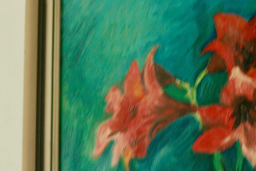 Original Mid Century Oil on Board – “Still Life with Flowers, Book and Object”